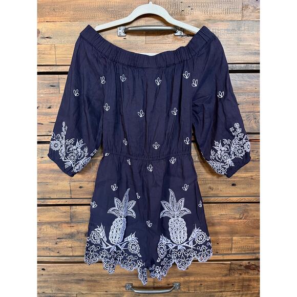 NWT FARM RIO X ANTHROPOLOGIE Jackie Embroidered Romper shorts Sz Xs Navy/White - Picture 5 of 11
